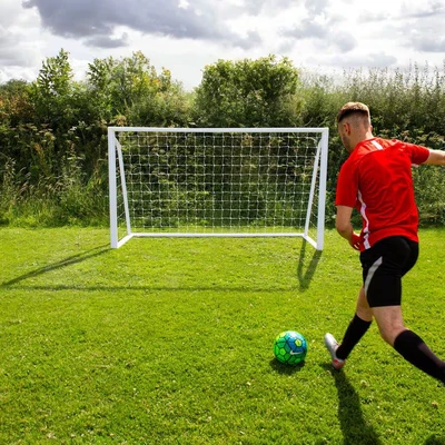 Image of Football Goal Net 6 x 4ft All Weather PVC Goalpost 30ply Knotted Netting 24 Clips Portable Training Practice Indoor Outdoor Quick Slot &amp; Click Assembly 5 Hole Target Sheet 16 Bungee Straps Carry Bag