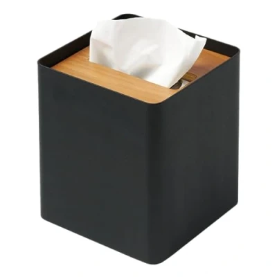 Image of Yamazaki Home Rin Reusable Tissue Box Cover Metal Holder Container Case with Natural Wooden Lid Steel