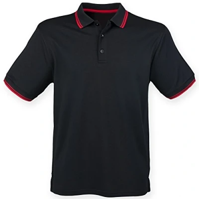 Image of Henbury Mens Coolplus Moisture Wicking Short Sleeve Polo Shirt (XL) (Black/Red)