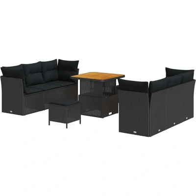 Image of vidaXL 9 Piece Garden Sofa Set with Cushions Black Poly Rattan Acacia