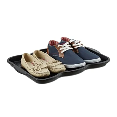 Image of Relaxdays shoe drain tray small, plastic rack f. 4 shoes, profile dirt trap HBT: 3 x 50 38 cm, black