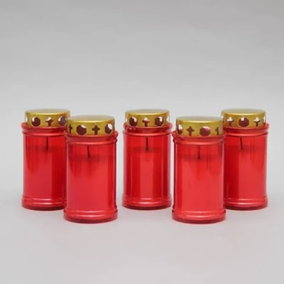 Image of 5 Pack of 12cm Grave Candle, Candle Mourning Light Memorial Graveside Cemetery Graveyard Decoration Approx 46 Hour Burn time Red Golden Lid