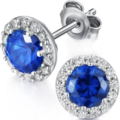 Image of Sapphire Stud Earrings for Women Diamond Halo Sterling Silver Cubic Zirconia Studs White Gold