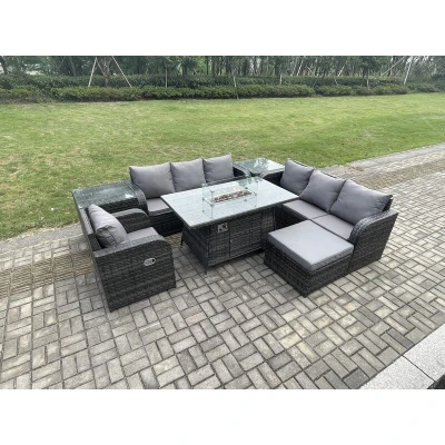 Image of Rattan Outdoor Furniture Gas Fire Pit Rectangle Dining Table Heater Reclining Chair 3 Seater Sofa Sets with Big Footstool 2 Side Tables 8
