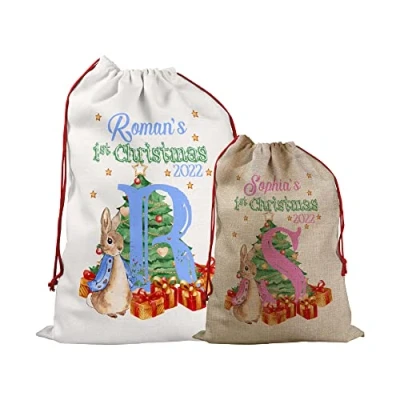 Image of Print Manics Personalised Peter Rabbit 1st Christmas Baby Girl Boy First Xmas Bag Stocking Santa Sack