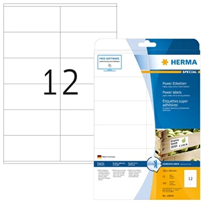 Image of HERMA Extra Strong Adhesive Labels, 12 Labels per A4 Sheet, 25 Sheets, 105 x 48 mm, 300 Blank Heavy Duty Stickers, Sticky for Laser &amp; Inkjet Printer, White