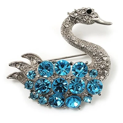 Image of Avalaya Rhodium Plated Diamante Swan Brooch (Sea Blue &amp; Clear)