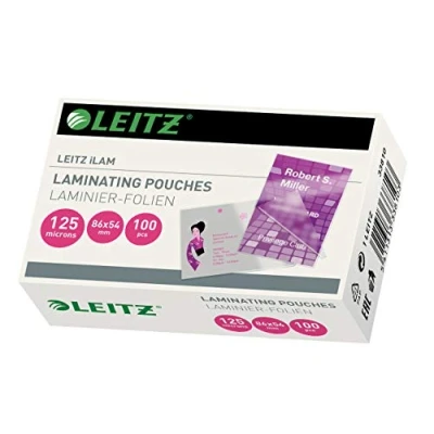 Image of Leitz 33810 Laminating Pouches Made of 125 Micron Thick Material (Transparent, Glossy, Credit Card) Pack 100