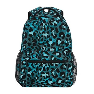 Image of JUMPBEAR Fashion Teal Green Leopard Animal Print Travel Backpack Laptop Middle School Students Canvas Kids Bookbag Lightweight Business Waterproof Shoulder Daypack for Womens Mens Boys