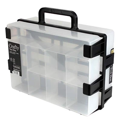 Image of WestonBoxes Craft Storage Box Carrier, Portable Plastic Carry Frame Including 2 Crafty Tool Boxes with Fixed Dividers, Clear