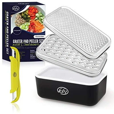 Image of Cheese Grater with Container and Lid &amp; Peeler Set Vegetable Fruit Multi Function Stainless Steel Kitchen Utensil Kit Black Food Plastic Storage Stable Box Hand Chopper Graters Peelers