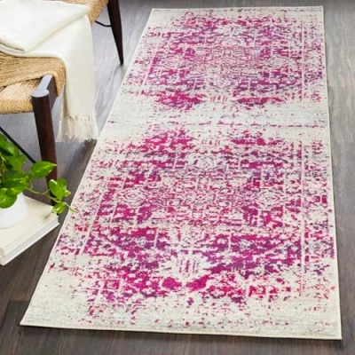 Image of Surya Syracusa Vintage Rug Runner Rugs Living Room, Hallway, Kitchen Area Traditional Multicoloured Boho Rug, Easy Care Large Carpet Runners 80x220cm Fuchsia, Beige and Ivory