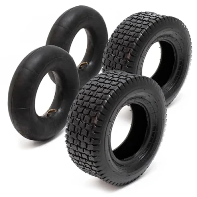 Image of Lawn Mower Tyre Set 2 Tyres with Inner Tubes Angled Valves 15x6.00 6 4PR