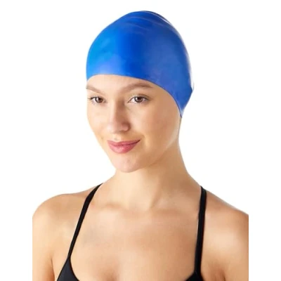 Image of Amazon Basics Unisex Wrinkle Free Silicone Swim Caps, One Size, Blue