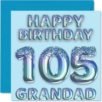 Image of 105th Birthday Card for Grandad Blue Glitter Party Balloons Happy Cards 105 Year Old from Grandson Granddaughter, 145mm x Bday Greeting Gift