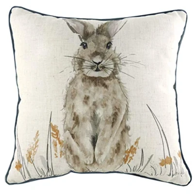 Image of Evans Lichfield Oakwood Hare Watercolour Piped Square Feather Filled Cushion Beige One Size