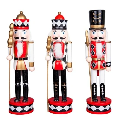 Image of SHATCHI 38cm Red/White/Black Wooden Christmas Nutcrackers 3pcs Set Soldiers King Puppet Figurines Xmas Home Decoration Ornament