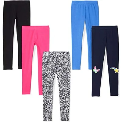 Image of Amazon Essentials Girls&#039; Leggings, Pack of 5, Black/Blue/Navy/Pink/White Hearts, 5 Years