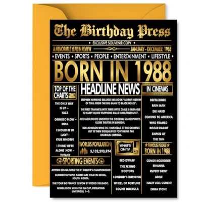 Image of Gold 37th Birthday Card for Men Women Black &amp; Golden Newspaper Born in 1988 Happy 37 Cards Brother Colleague Husband Friend Uncle Auntie, 5x7 Inch Bday Greeting