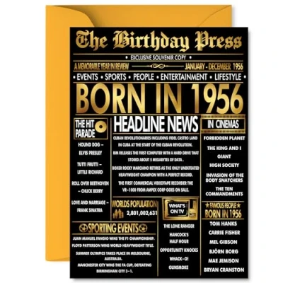 Image of Gold 69th Birthday Card for Men Women Black &amp; Golden Newspaper Born in 1956 Happy 69 Cards Sister Auntie Grandma Wife Nanny Neighbour, A5 Bday Greeting
