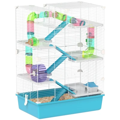 Image of PawHut 6 Tier Hamster Cage, Gerbil Cage with Tubes, Exercise Wheel, Hut, Water Bottle, Food Dish, Ramps, Small Animal for Dwarf Hamster, 58 x 36 81 cm, Light Blue