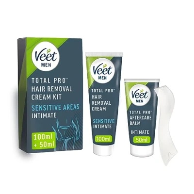Image of Veet Men Intimate Hair Removal Kit, Mens Cream 100ml, After Shave Balm 50ml, 1 Spatula, For Genitals, Pubic Removal,