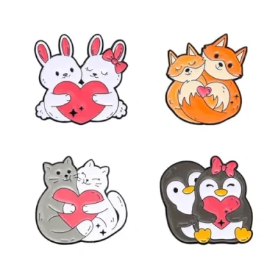 Image of sunruchao Cute Couple Animal Enamel Pin Cartoon Penguin Cat Rabbit Fox Pins Set Lapel Badge Hugging Brooches Backpacks Clothing Bags Decoration