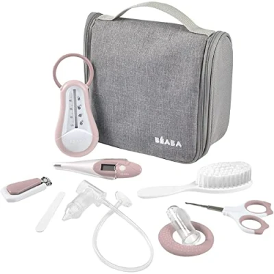 Image of BÉABA Baby Health Care Kit Grooming 9 Newborn Accessories : Bath and Digital Thermometer + Teething Ring Gum Brush Manual Nasal Aspirator Nail Scissors Old Pink