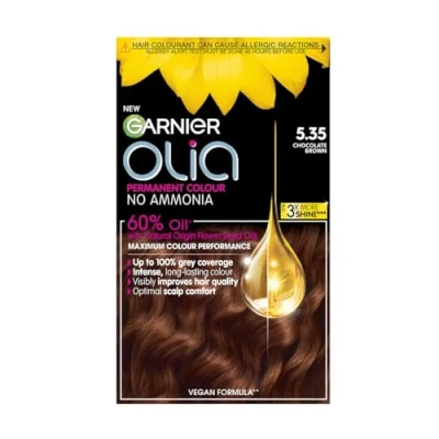 Image of Garnier Olia Permanent Hair Dye, Up to 100% Grey Coverage, No Ammonia, 60% Oils, 5.35 Rich Chocolate Brown