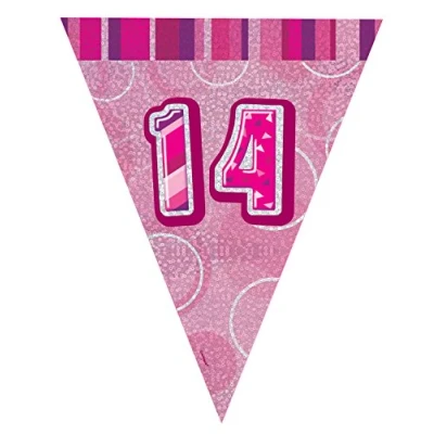 Image of Unique Party 92134 9ft Foil Glitz Pink Happy 14th Birthday Bunting Flags