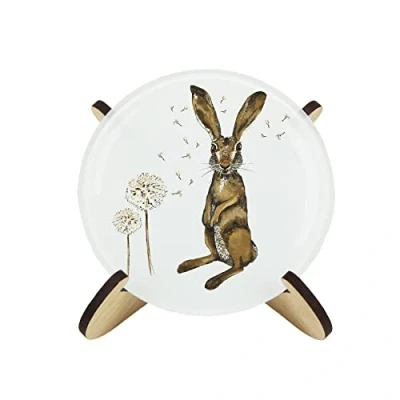 Image of Hares Glass Coaster Set Round Painted Wildlife &amp; Dandelions by Rhiannon Chauncey of Four (4) Coasters Wood Effect Stand