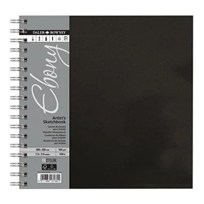Image of Daler Rowney Ebony Sketchbook, Smooth Surface, 160gsm, Spiral Bound, Square, 20 x 20cm, Natural White, 54 Sheets, Ideal for Professionals