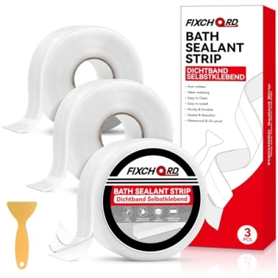 Image of FIXCHORD Bath Sealant Strip, Sealing Tape, Sink Simple Seal Tape Mould Free, Self Adhesive Caulk Strip for Kitchen Bathroom Toilet Wall Corner with Tool 9.6M*38mm