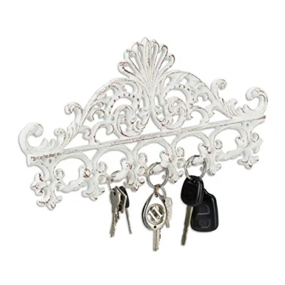 Image of Relaxdays Cast Iron Coat Rack, 5 Hooks, Antique Cottage Style, HxWxD: Approx 17 x 35 3.5 cm, White/Brown