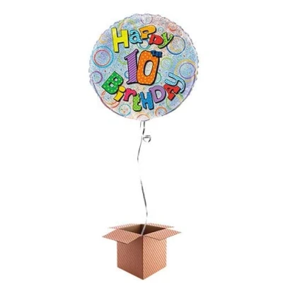Image of PARTYRAMA.CO.UK Happy 10th Birthday Holographic Round Foil Balloon Inflated in a Box