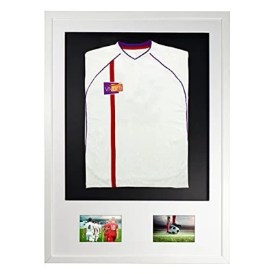 Image of Vivarti DIY Junior 3D Mounted + Double Aperture Sports Shirt Display Frame for Football Shirt, Rugby Band T Shadow Box A1 59.4 x 84cm White Frame, Mount, Black Backing Card