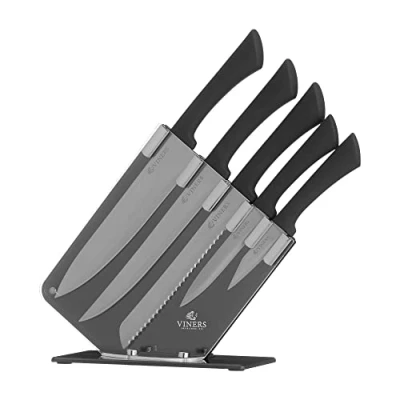 Image of Viners Everyday Knife Block Set of 5 Pieces; Chef, Bread, Carving, Utility &amp; Paring Knives, Black, Stainless Steel, ‎0305.190