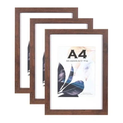 Image of Walnut Wooden Picture Frame A4 with Mount,Set of 3,A4 Frame,A4 Poster certificate frame,Freestanding and Wall Mountable…