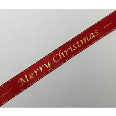 Image of Merry Christmas Red Satin Ribbon with Gold Edge 15mm x 1 Metre Cut from roll