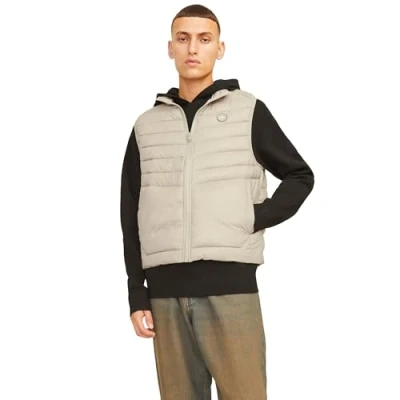 Image of Jack &amp; Jones Mens Sleeveless Gilet Zipper Closure and High Neck Cream Size Small