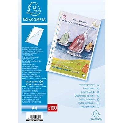 Image of Exacompta Ref 5800E Stop Doc Corner Opening Punched Pockets (Pack of 100) Suitable for Storing A4 Documents, Made From 60 Micron Clear Polypropylene Side