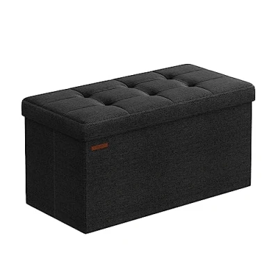 Image of SONGMICS Storage Ottoman, Foldable Small Ottoman Foot Rest, 38 x 76 cm Stool, Cube with Storage, Load up to 300 kg, for Living Room, Bedroom, Entryway, Ink Black LSF047B51