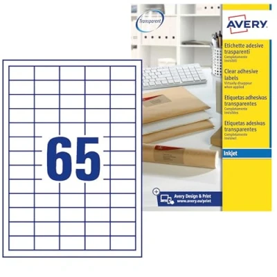 Image of Avery Printable, Customisable Clear Mini Return Address Labels, Inkjet Printers, 65 Labels Per A4 Sheet, 1625 Quickdry (J8551),Transparent,38.1 x 21.2 mm