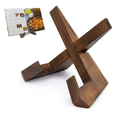 Image of PUERSI Recipe Book Stand for Kitchen, Wooden Cookbook Holder Display Stand, Farmhouse Cook Reading Hands Free, Rustic Cooking and Cookery Counter