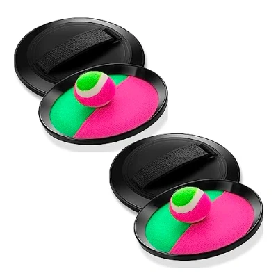 Image of Toss and Catch Ball Set with Four Velcro Paddle Discs Two Tennis Balls, Fun Outdoors Garden &amp; Beach Toy Game for the Whole Family, Develops Hand eye Coordination (Beach It Game, 2 Sets)