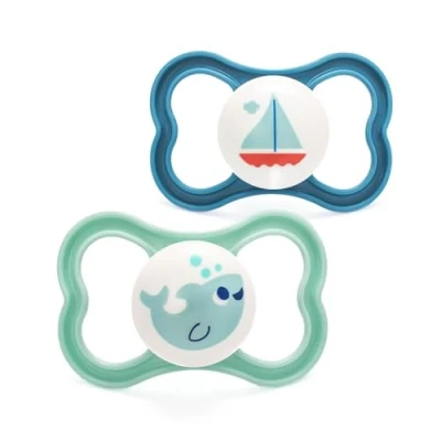 Image of MAM Air Soothers 16+ Months (Pack of 2), Baby with Sterilisable Travel Case, Essentials, Blue/Cream (Designs May Vary)