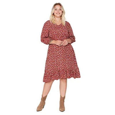 Image of Trendyol Women Plus Size Midi Skater Relaxed Woven Dress Red