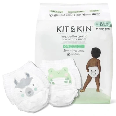 Image of Kit &amp; Kin Eco Nappy Pants Size 8 (19 kg+ / 41 lbs+) Hypoallergenic Friendly Pull Up Nappies 12 Packs = 168 Plant Based Diapers to Hours Leak Protection