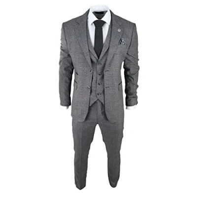 Image of Mens Classic 3 Piece Suit Prince of Wales Check Grey Tailored Fit Vintage Wedding 50