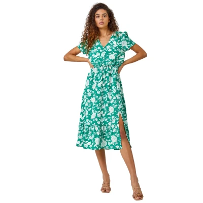 Image of Roman Originals Shirred Waist Dress for Women UK Ladies Midi Maxi Summer Spring Tiered Frill Hem Short Sleeve V Neck Button Through Boho Bohemian Gypsy Holiday Green White Size 12